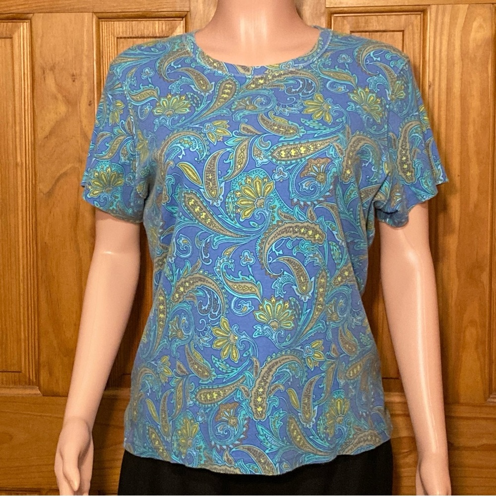 EUC St Johns Bay Vintage 90s Top Short Sleeve Blouse Blue Green XL Extra Large